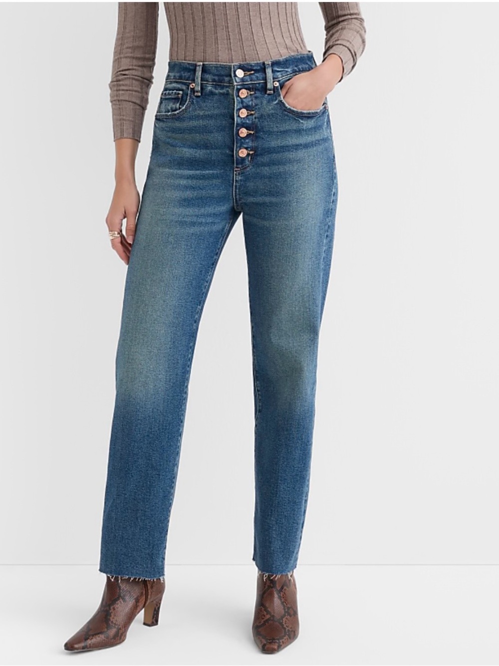 LOFT High-Rise Button-Fly Straight Jeans in Medium Blue Wash